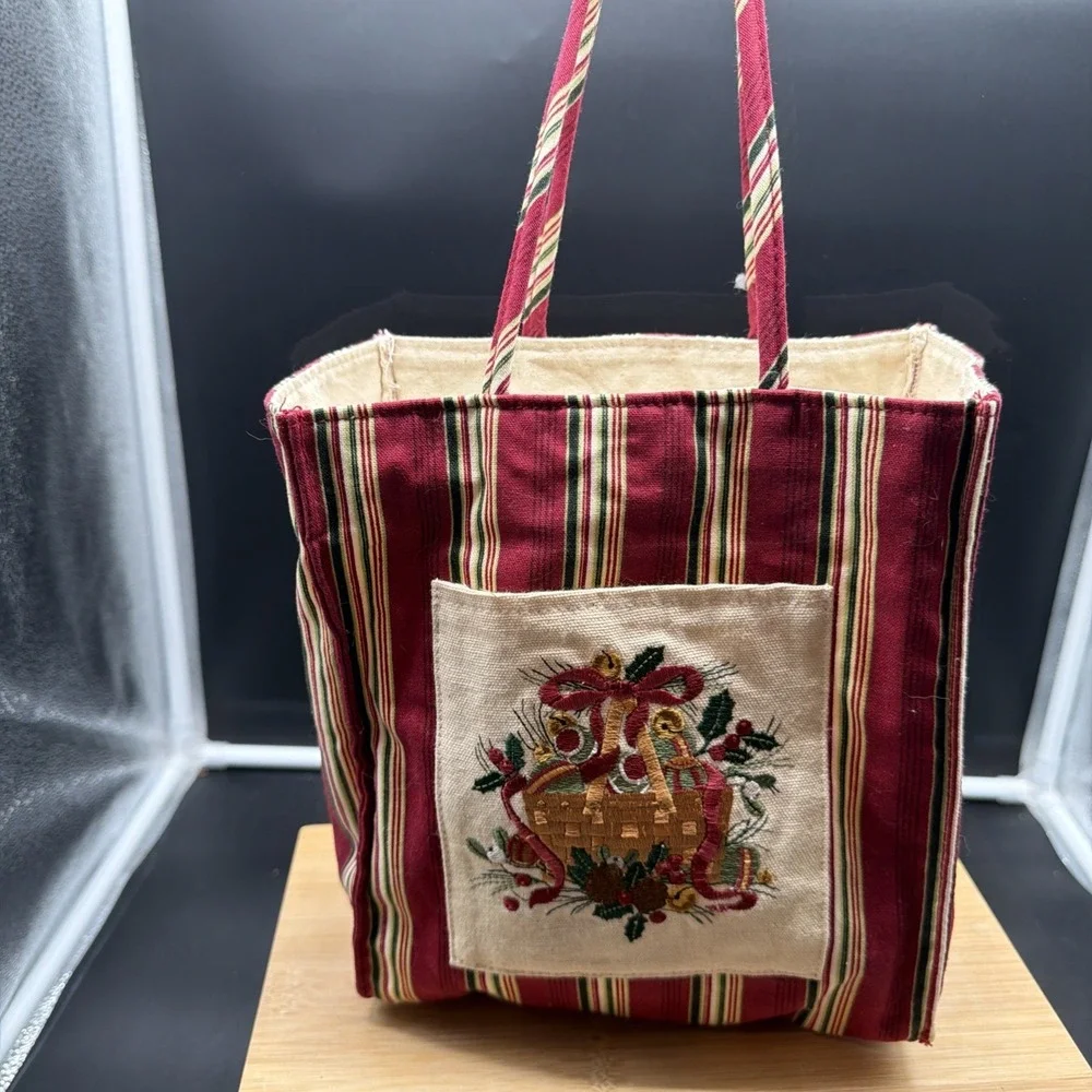 VTG Longaberger Holiday Stripe 2005 Tote Bag 23154166 Christmas Embroidered